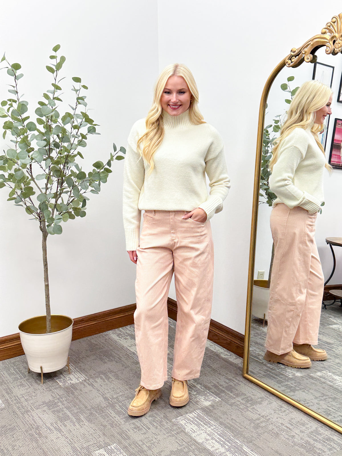 Pink & Cream Striped Barrel Pants