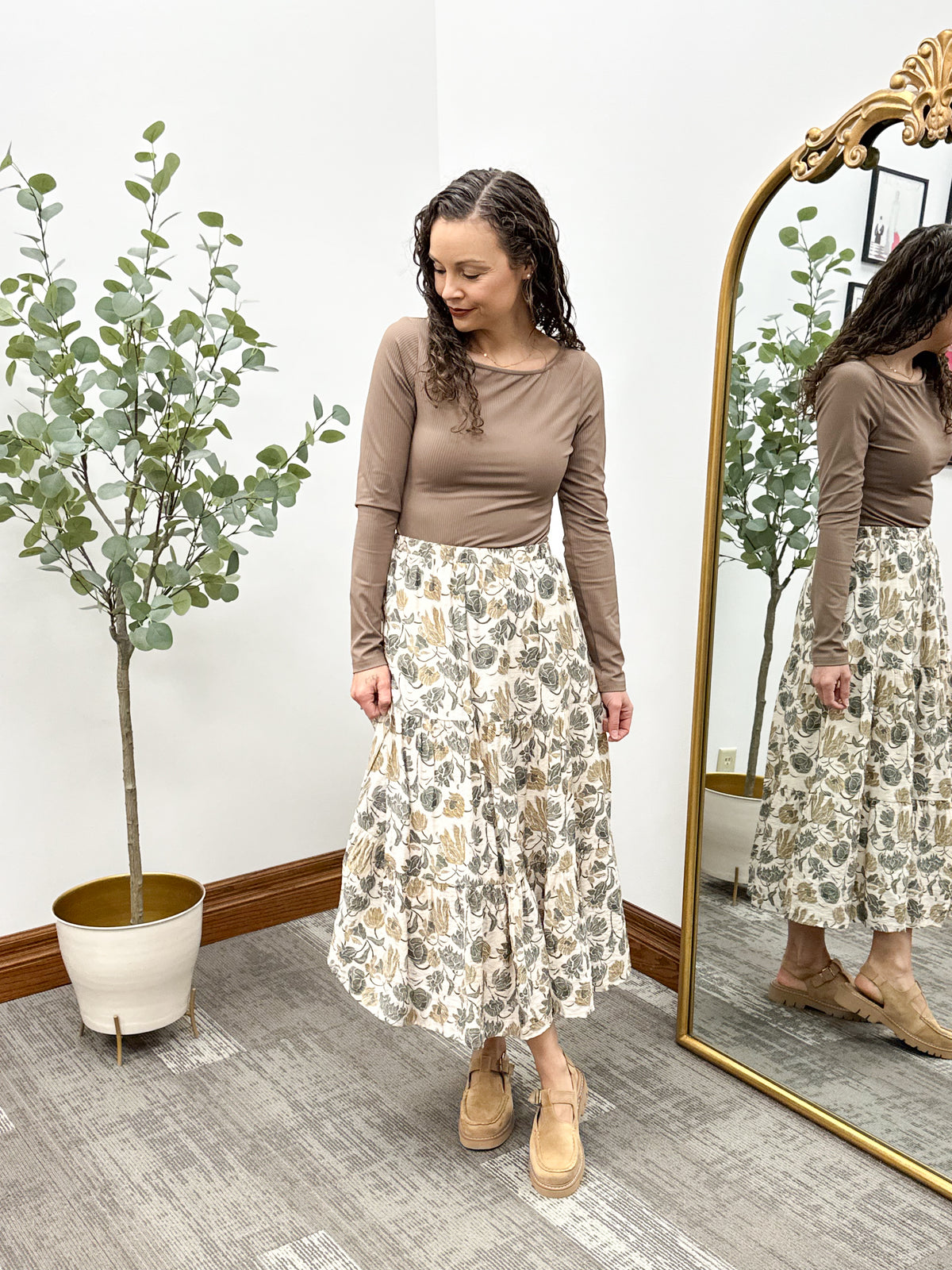 Olive & Mustard Floral Tiered Midi Skirt 