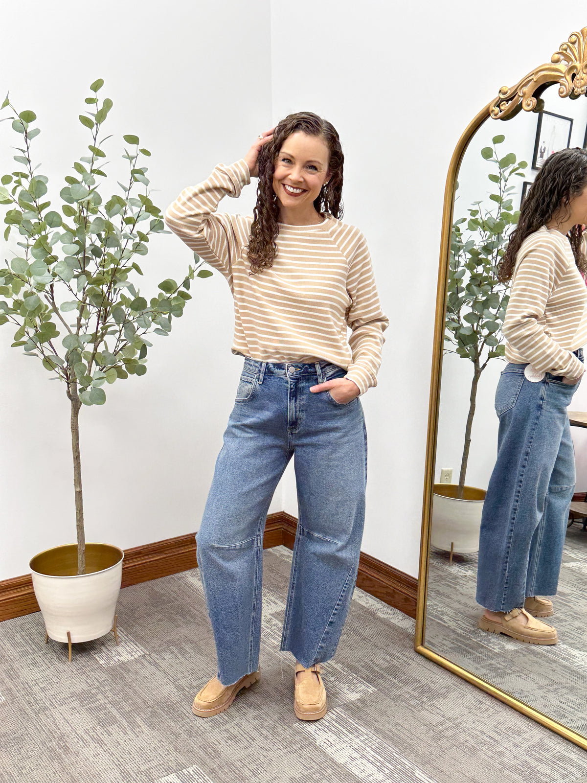Beige & Cream Striped Waffle Knit Top