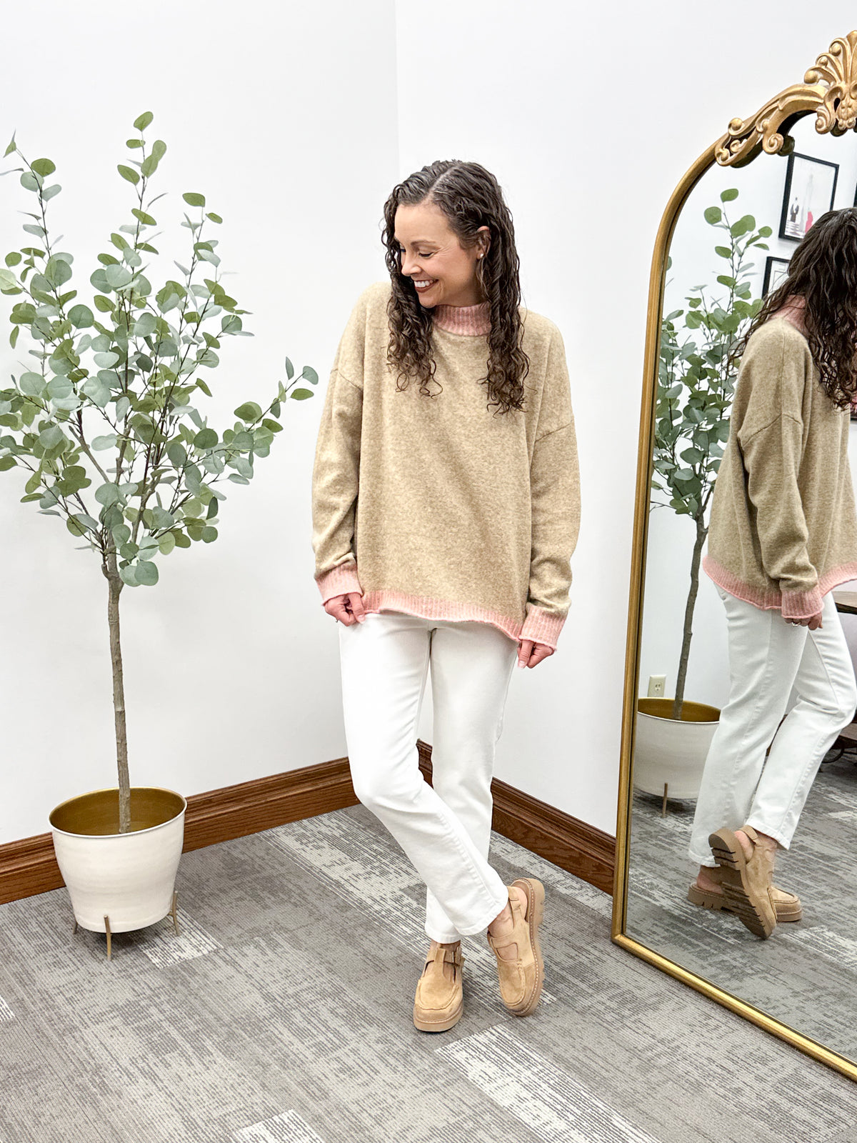 Tan Oversized Sweater with Pink Trim
