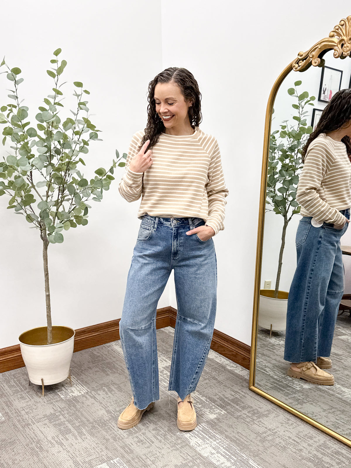 Beige & Cream Striped Waffle Knit Top