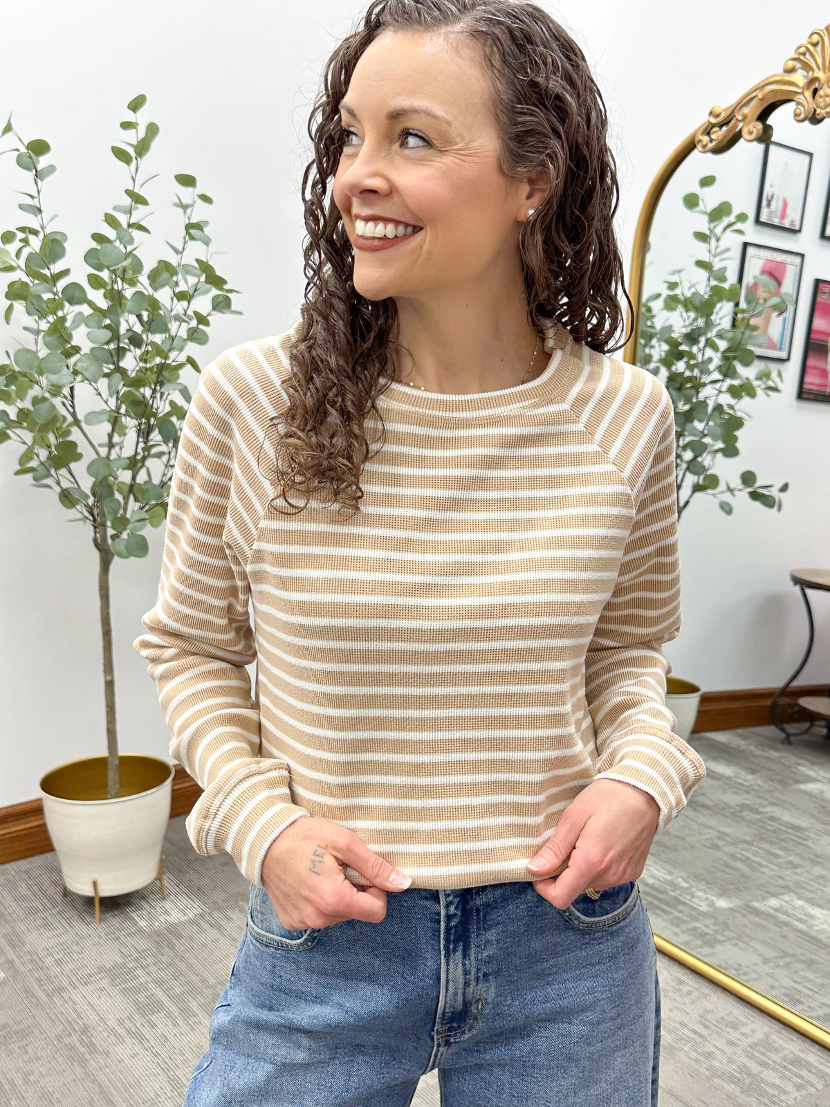 Beige & Cream Striped Waffle Knit Top