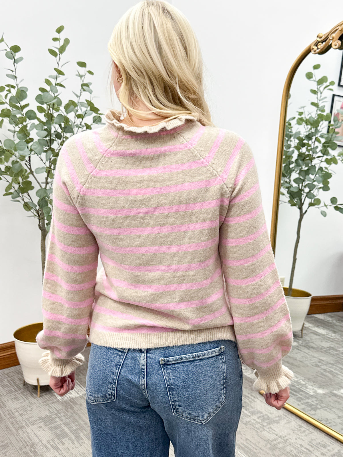 Pink & Taupe Striped Ruffle Mock Neck Sweater